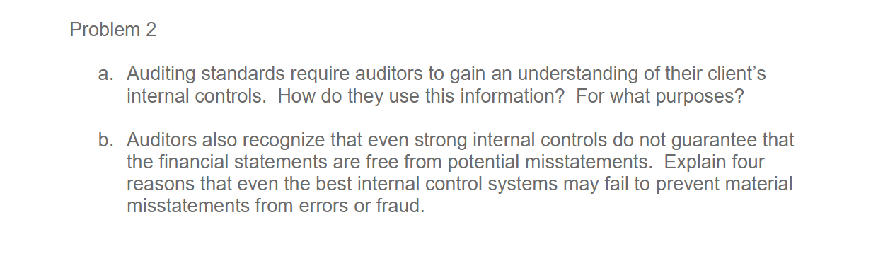 Problem 2 a. Auditing standards require auditors to gain an understanding of