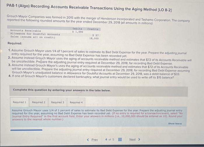 PA8-1 (Algo) Recording Accounts Receivable Transactions Using the Aging Method [LO 8-2]
