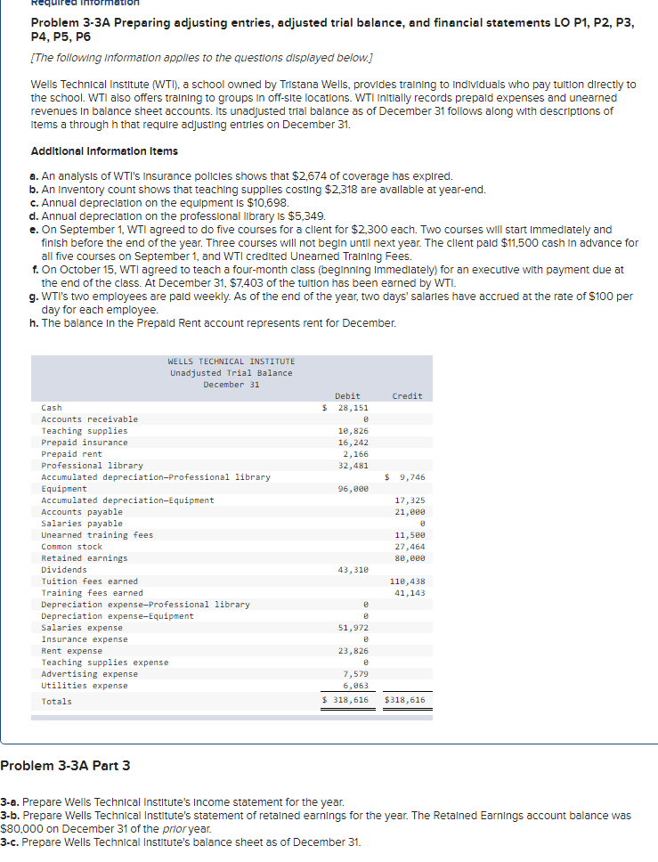 Required Problem 3-3A Preparing adjusting entries, adjusted trial balance, and financial statements
