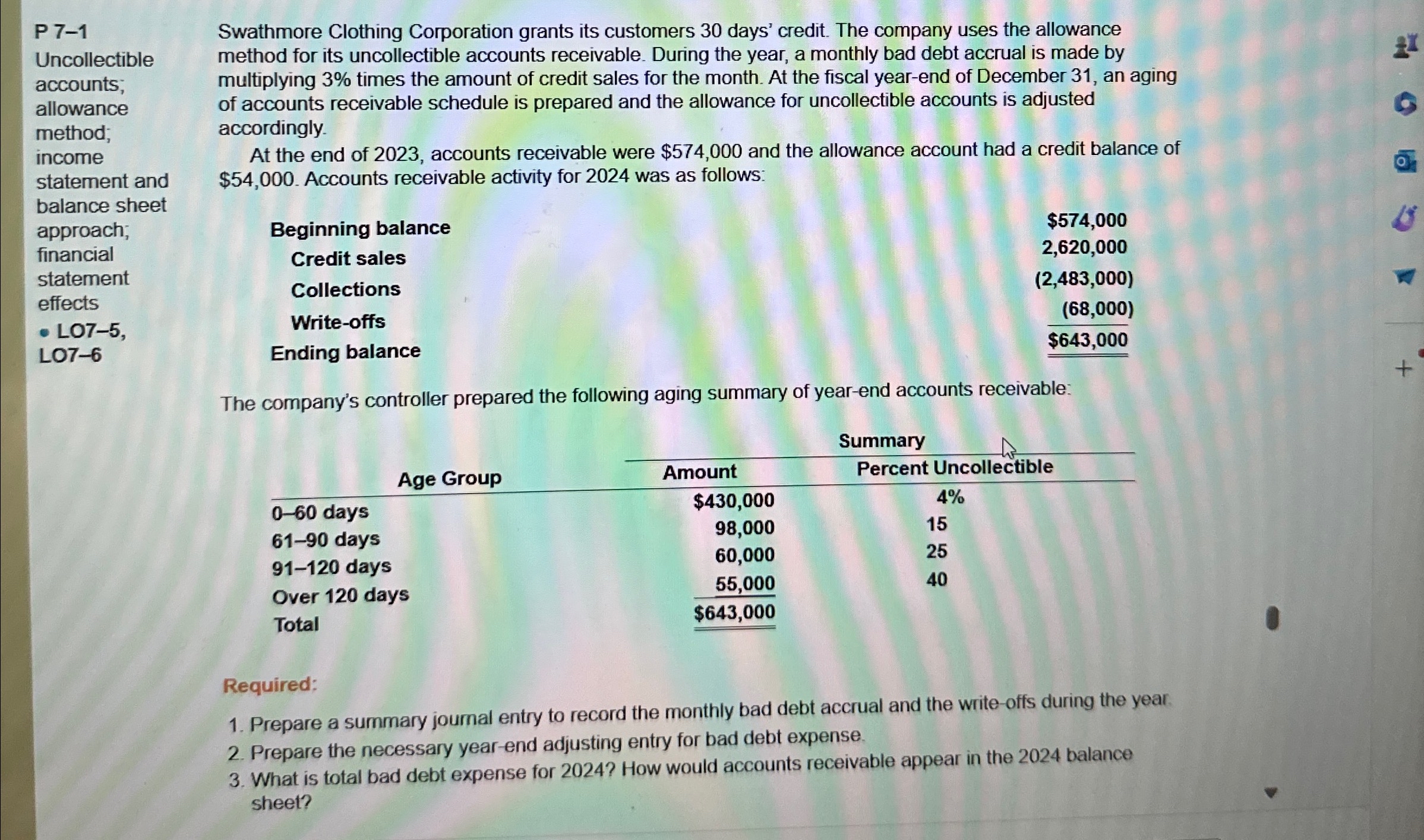 P 7-1Uncollectible accounts; allowance method; income statement and balance sheet approach; financial