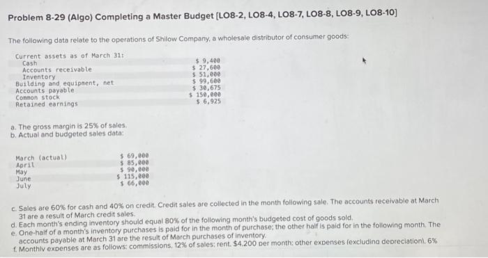 Problem 8-29 (Algo) Completing a Master Budget (LO8-2, LO8-4, LO8-7, LO8-8, LO8-9,