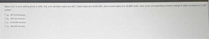 Spice Inc.'s unit selling price is $46, the unit variable costs are