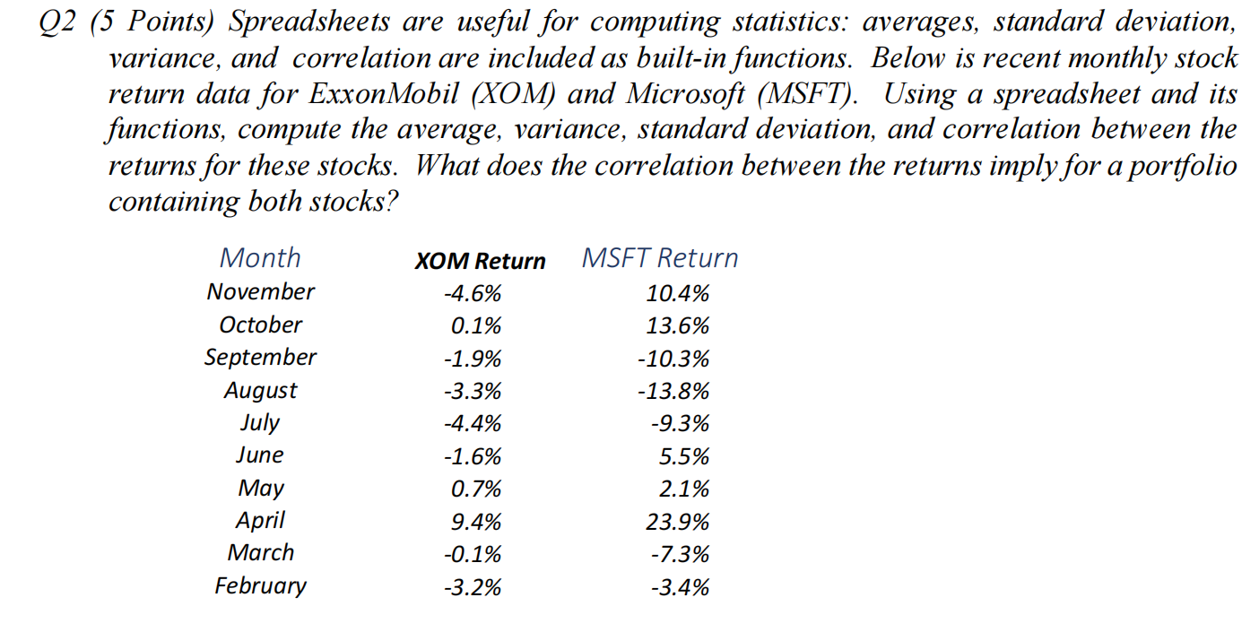 Q2 (5 Points) Spreadsheets are useful for computing statistics: averages, standard deviation,