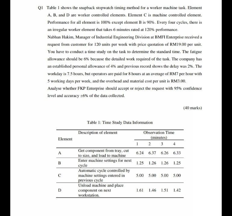 Q1 Table 1 shows the snapback stopwatch timing method for a worker