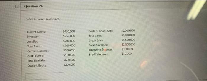 D Question 24 What is the return on sales? Current Assets: $450,000