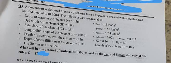 mittee Dote DAV Q3: A box culvert is designed to pass a