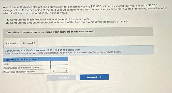  Apex Fitness Club uses straight-line depreciation for a machine costing $22,850,