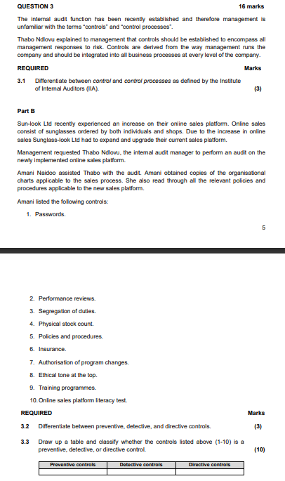  ?QUESTION 3The intemal audit function has been recently established and therefore