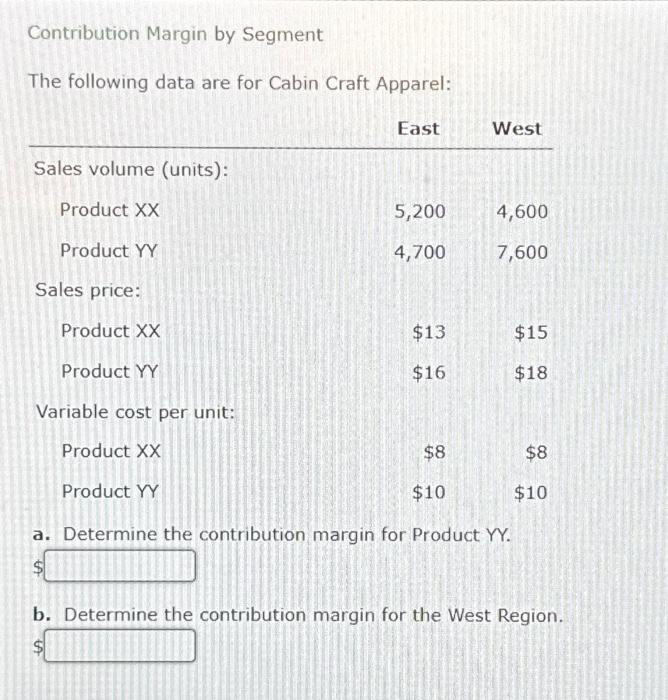 Contribution Margin by Segment The following data are for Cabin Craft Apparel:
