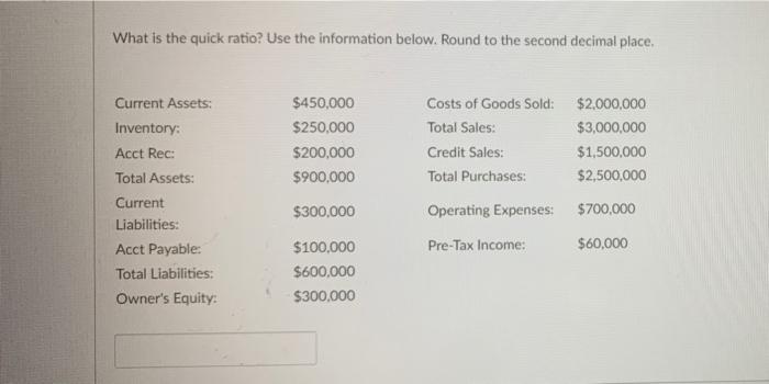 What is the quick ratio? Use the information below. Round to the
