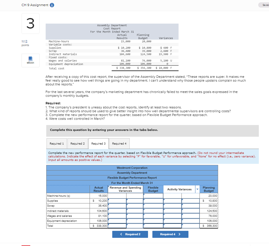 CH 9 Assignment 3 11.12 points Machine-hours Variable costs: Supplies Scrap Indirect