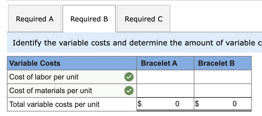 Required A Required B Required C Identify the variable costs and determine