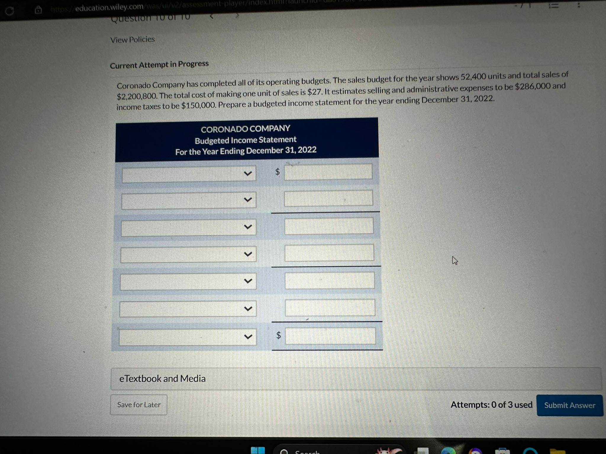 https://education.wiley.com/was/ui/v2/assessment-player/index.html.launch Question TU Current Attempt in Progress Coronado Company has completed all