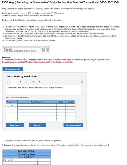 P10-2 (Algo) Preparing the Shareholders' Equity Section after Selected Transactions LO10-3, 10-7,