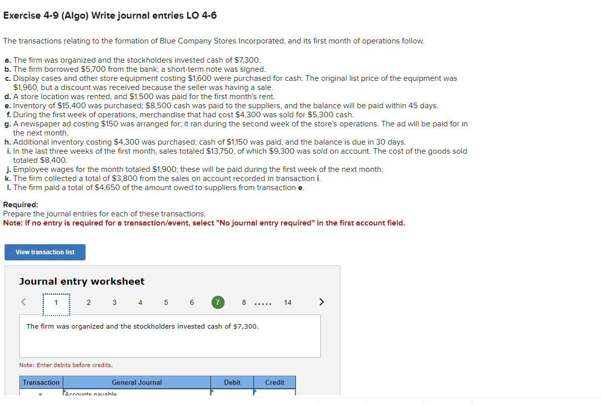 Exercise 4-9 (Algo) Write journal entries LO 4-6 The transactions relating to
