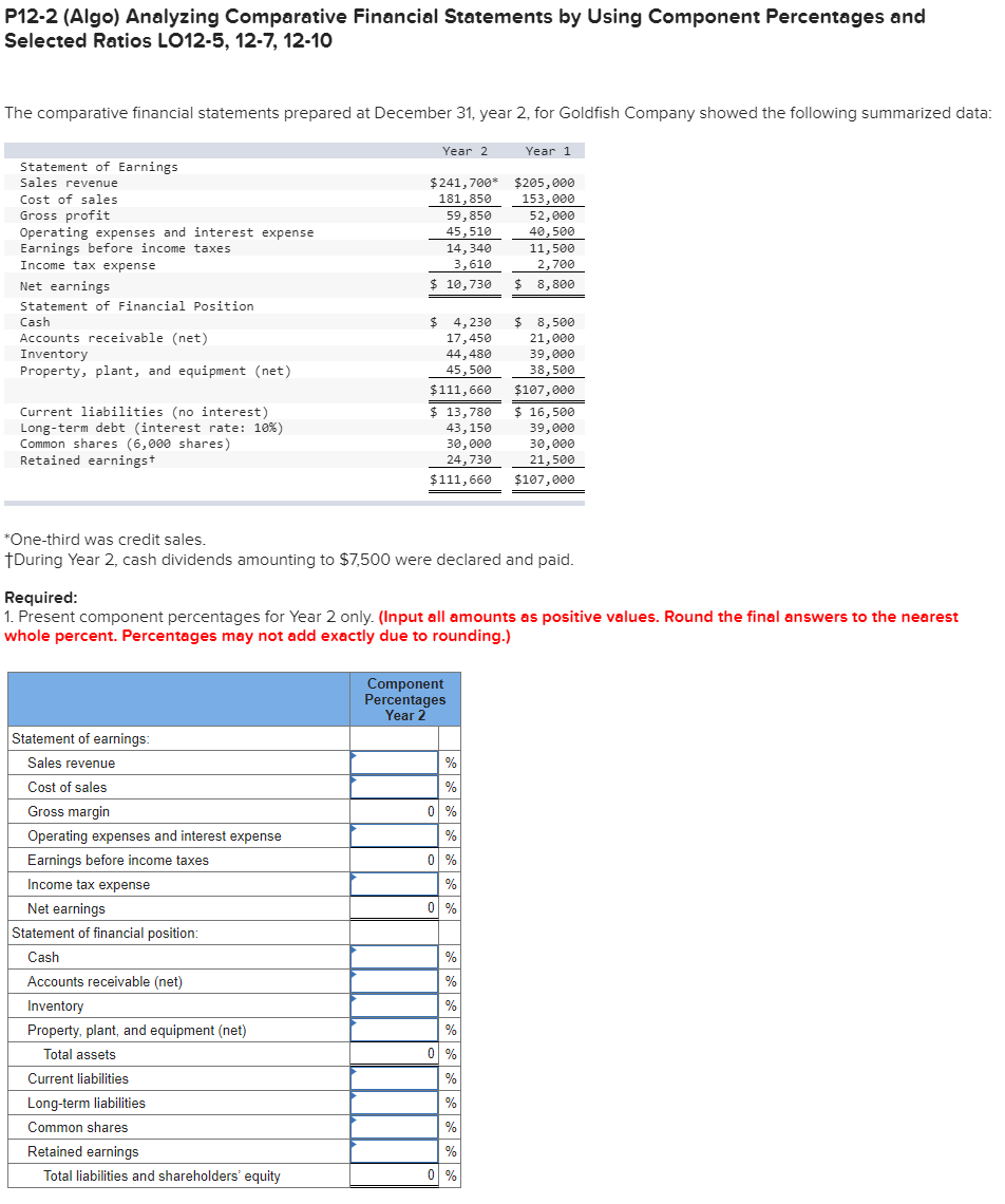 P12-2 (Algo) Analyzing Comparative Financial Statements by Using Component Percentages and Selected
