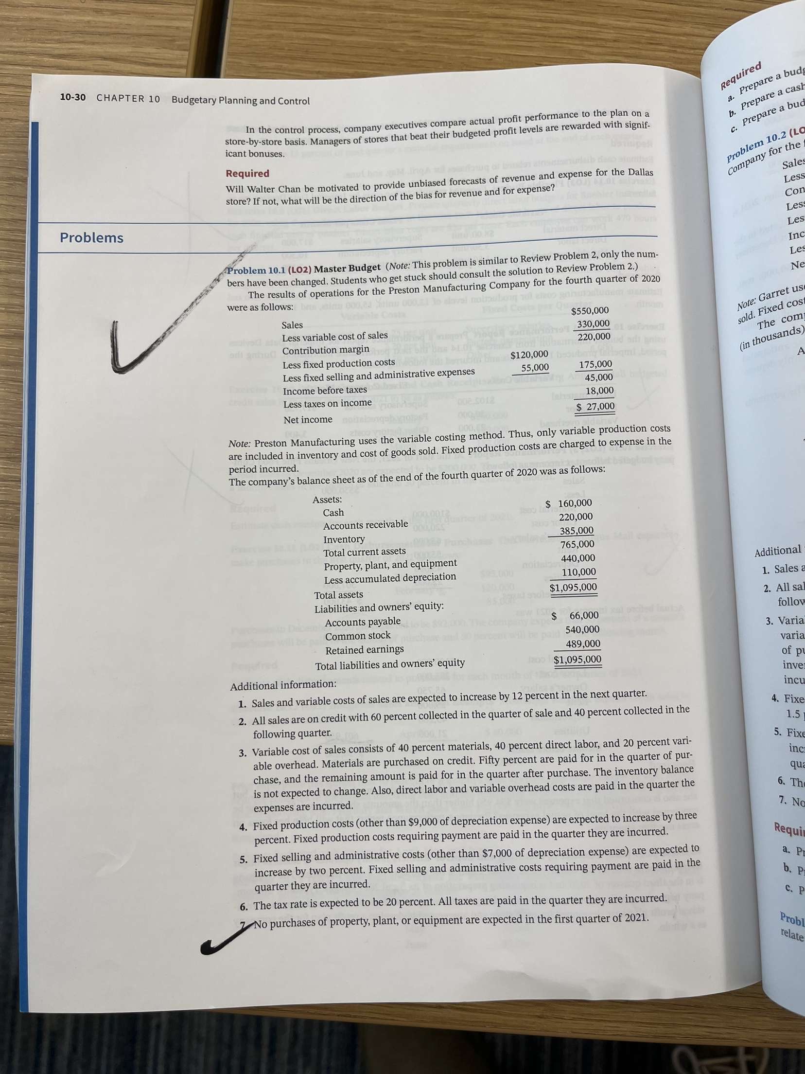 Please answer problem 10.1! Problem 10.1 (L02) Master Budget (Note: This