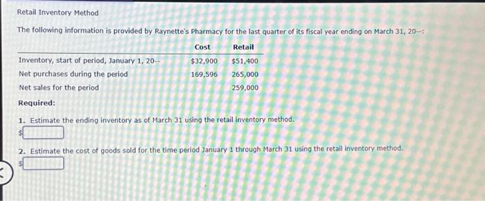 Retail Inventory Method The following information is provided by Raynette's Pharmacy for