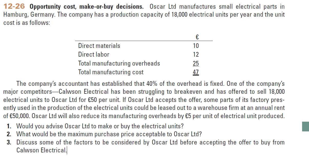 12-26 Opportunity cost, make-or-buy decisions. Oscar Ltd manufactures small electrical parts in