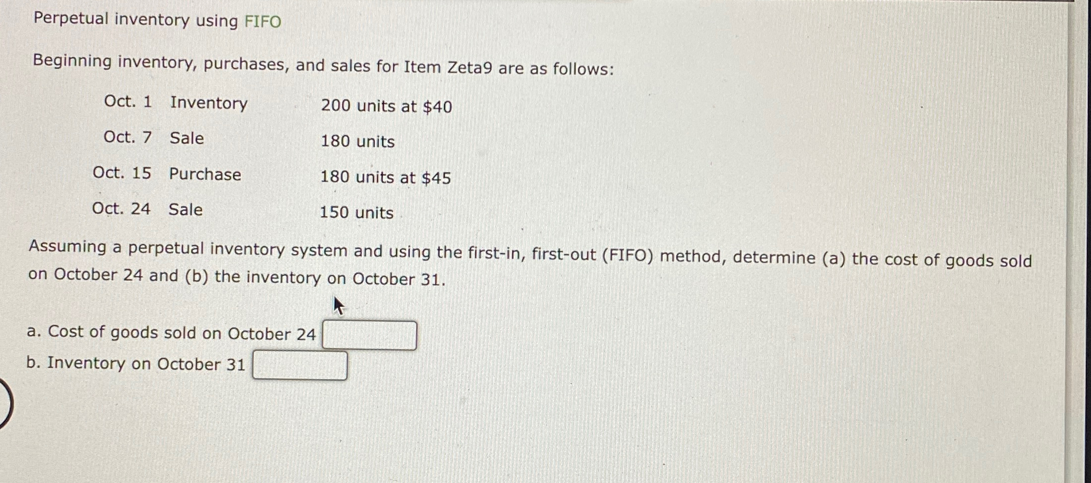 Perpetual inventory using FIFO Beginning inventory, purchases, and sales for Item Zeta9