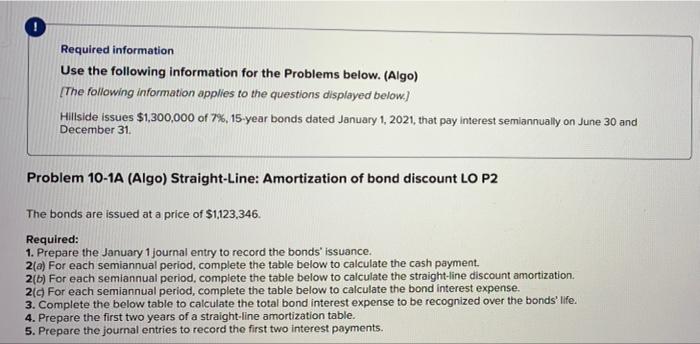 Required information Use the following information for the Problems below. (Algo) [The