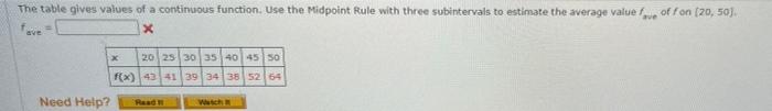 The table gives values of a continuous function. Use the Midpoint Rule