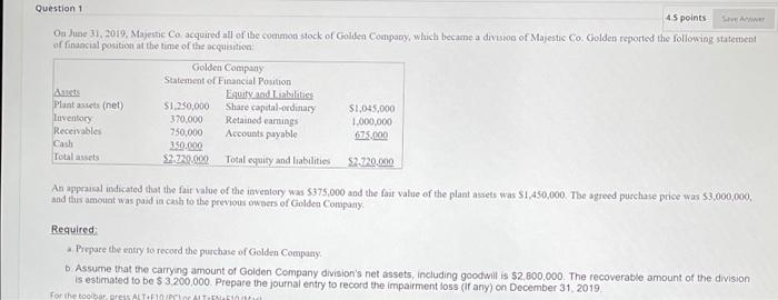 Question 1 4.5 points Save Awar On June 31, 2019, Majestic Co