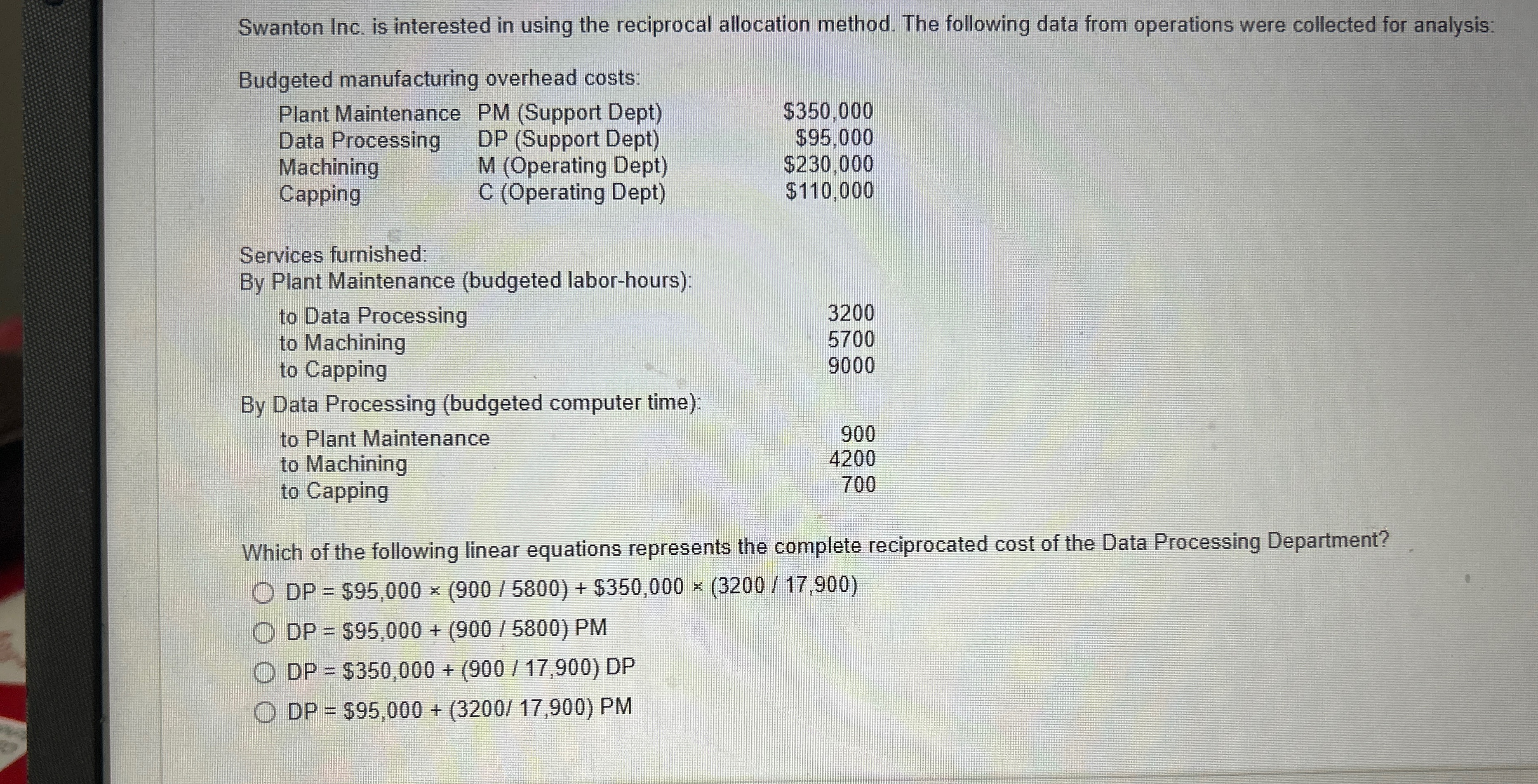 Swanton Inc. is interested in using the reciprocal allocation method. The following