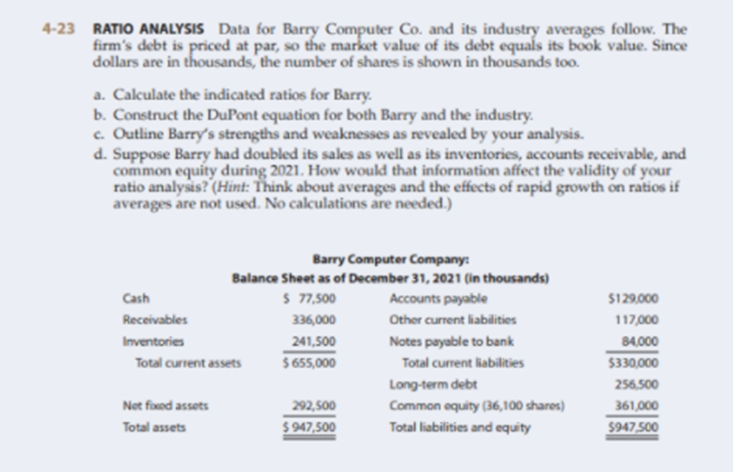 4-23 RATIO ANALYSIS Data for Barry Computer Co. and its industry averages