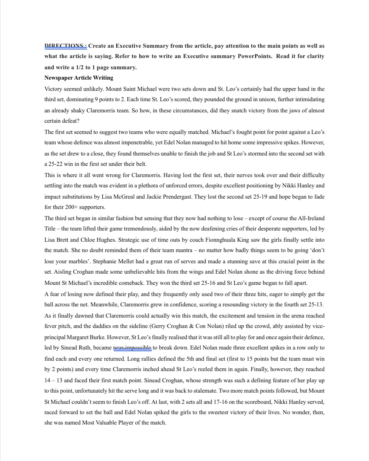 DIRECTIONS Create an Executive Summary from the article, pay attention to the