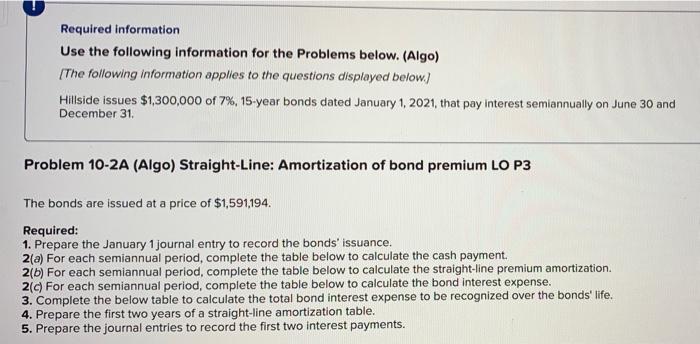 Required information. Use the following information for the Problems below. (Algo) [The