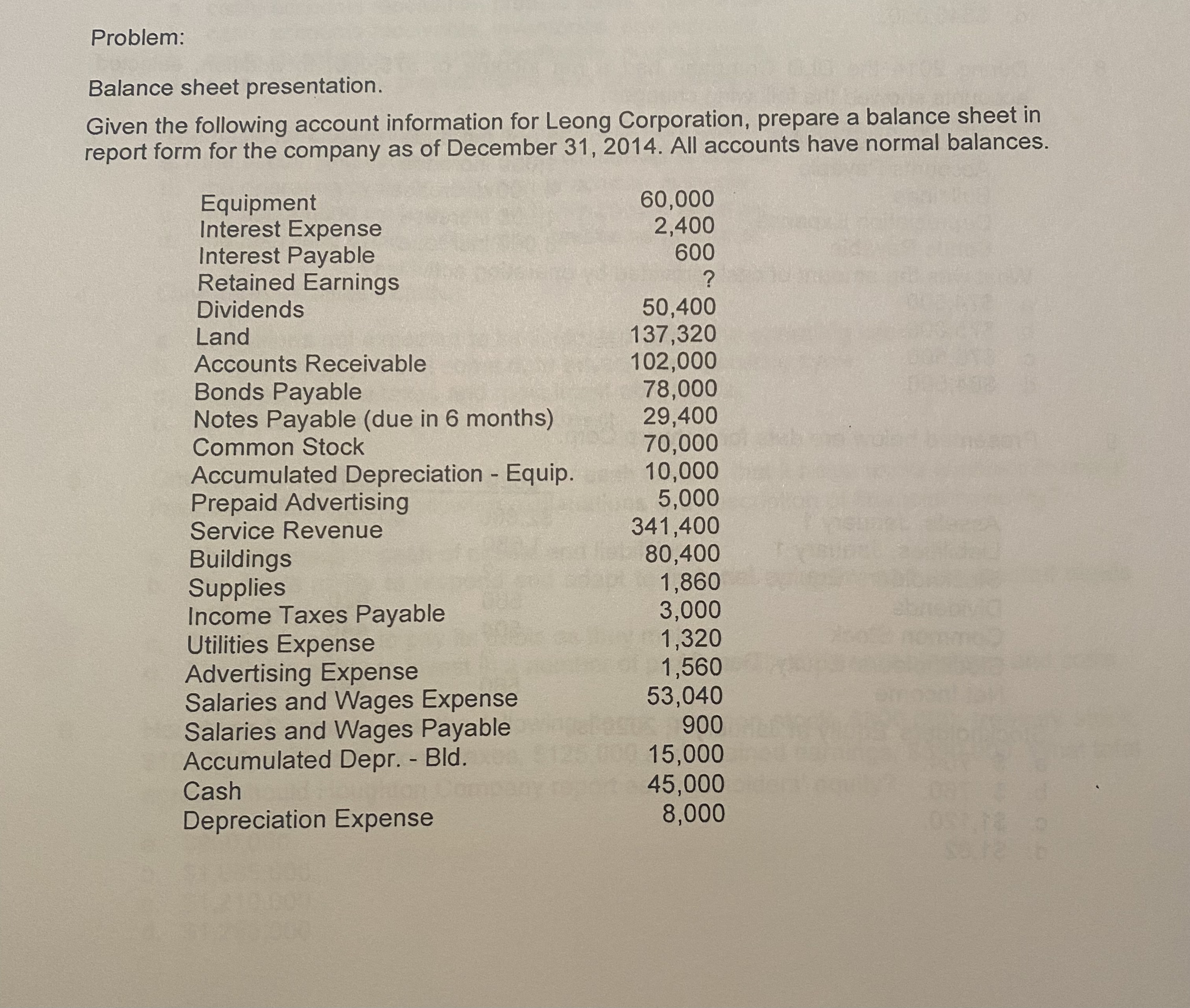 Problem: Balance sheet presentation. Given the following account information for Leong Corporation,