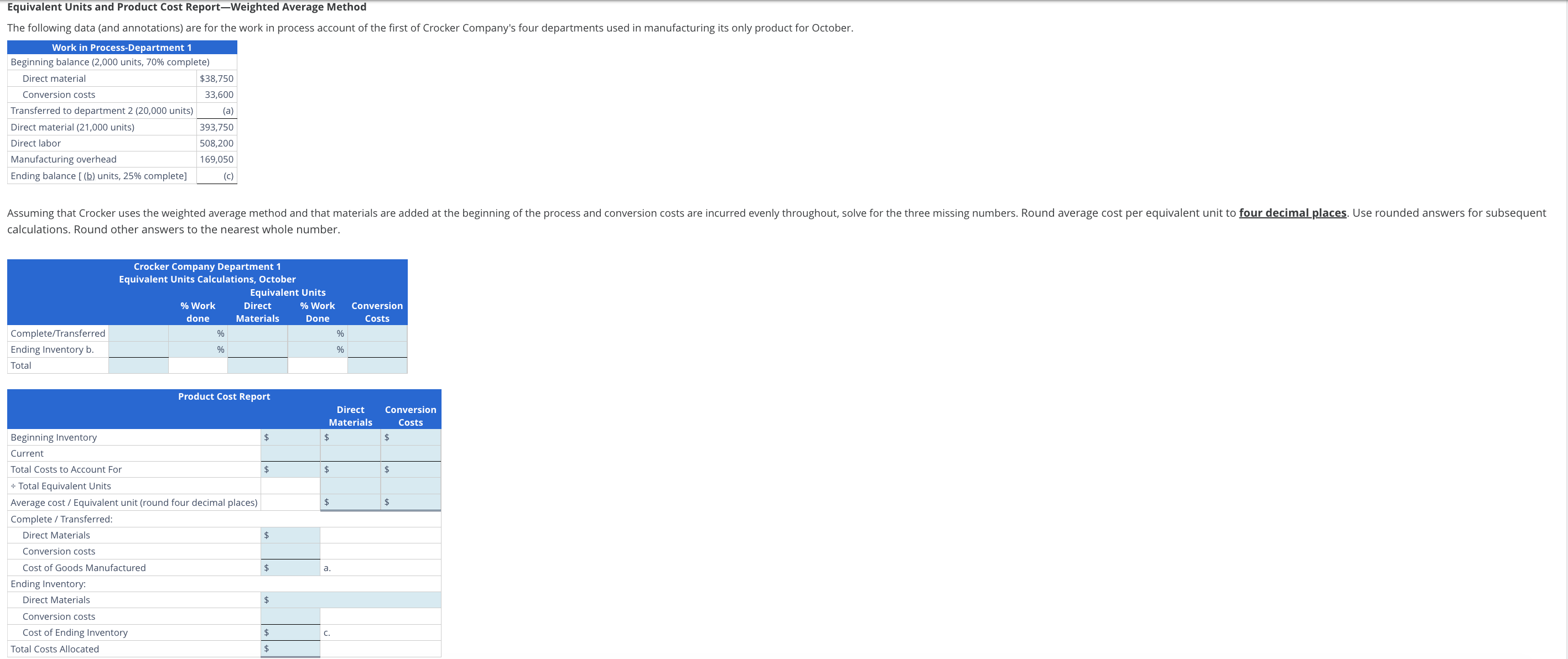 Equivalent Units and Product Cost Report-Weighted Average Method The following data (and