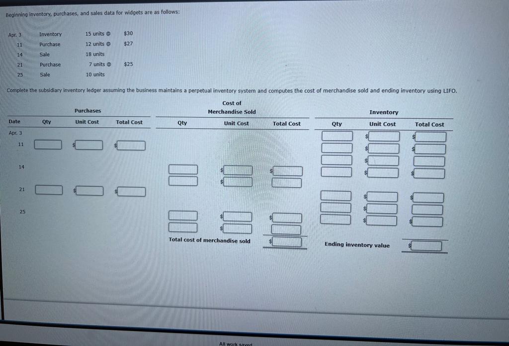 Beginning inventory, purchases, and sales data for widgets are as follows: Apr.