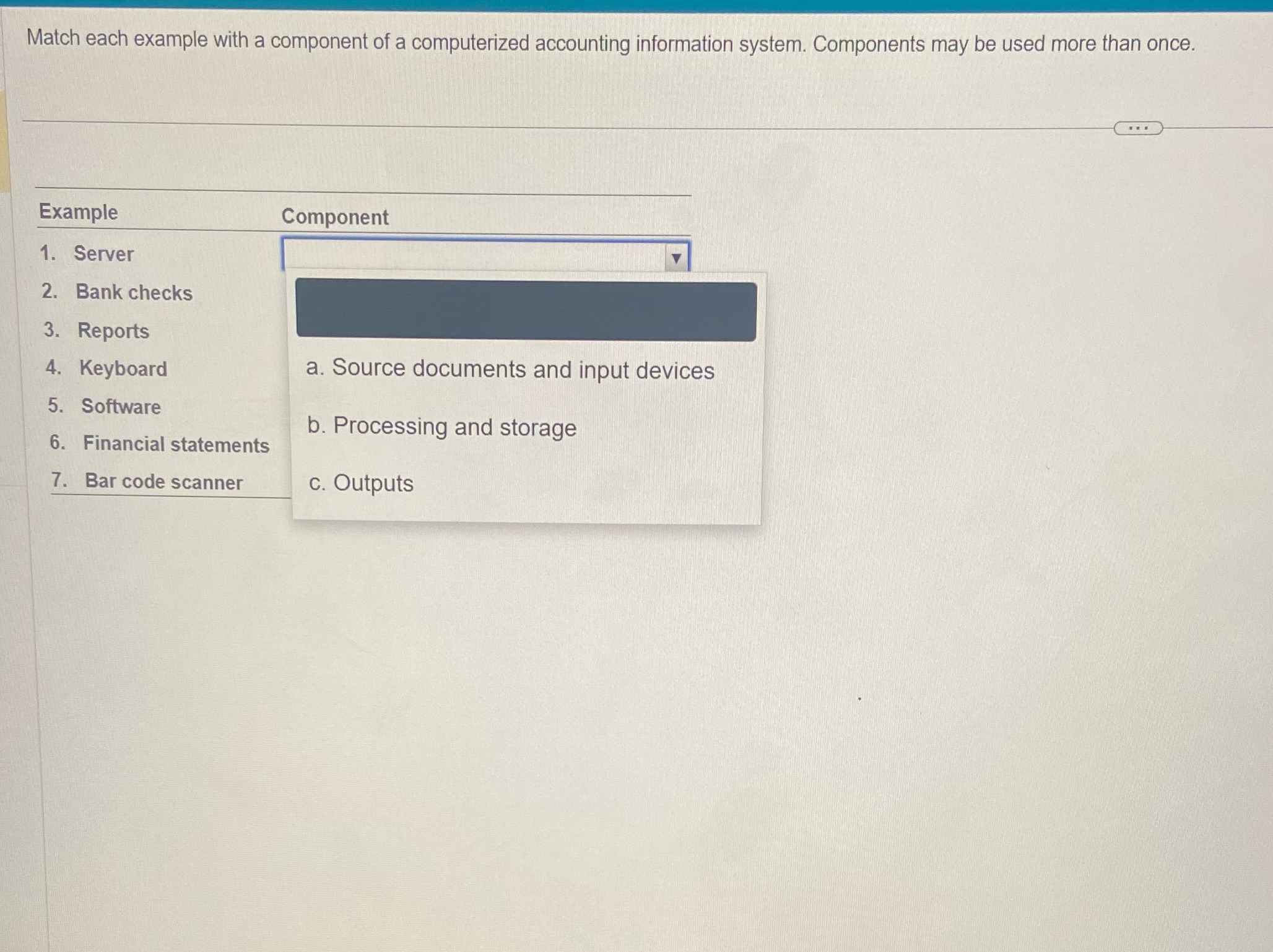 Match each example with a component of a computerized accounting information system.