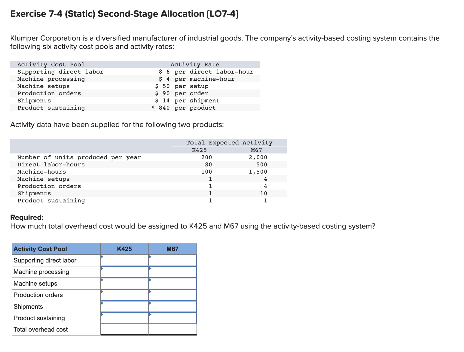 Exercise 7-4 (Static) Second-Stage Allocation [LO7-4] Klumper Corporation is a diversified manufacturer