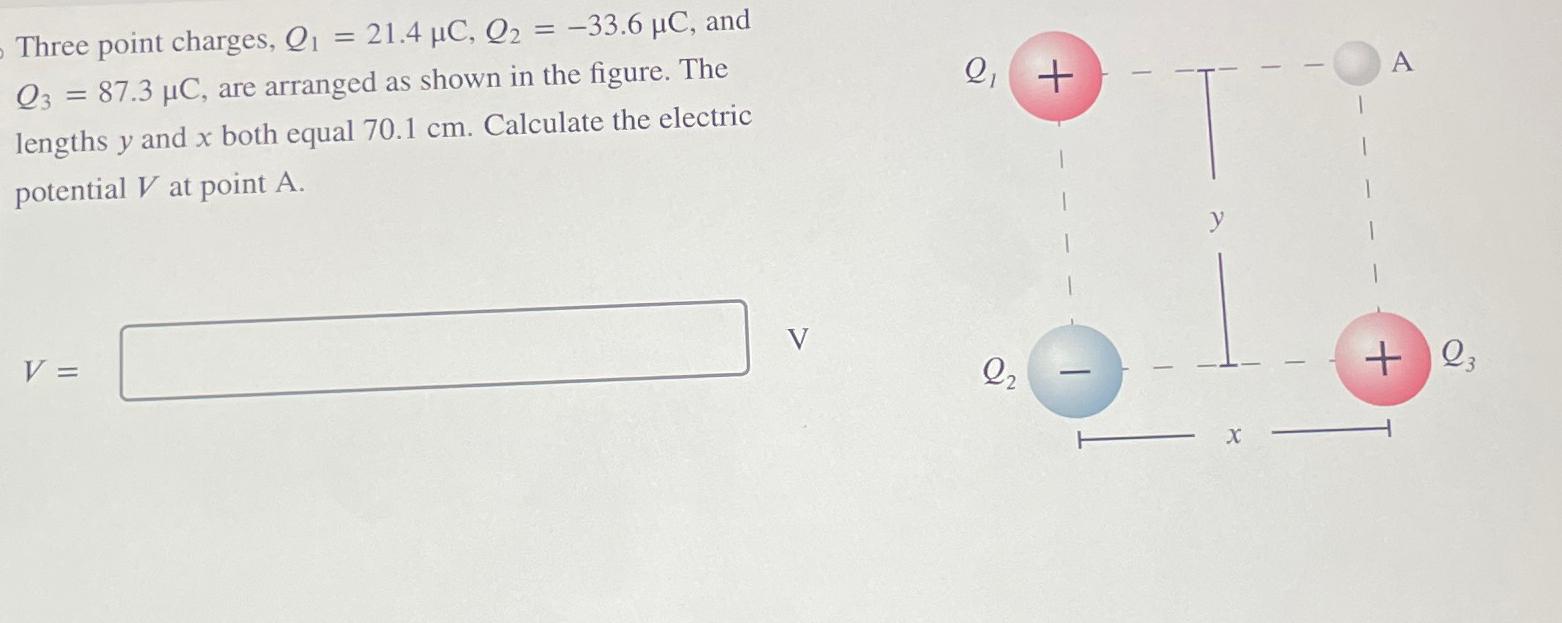- Three point charges, Q = 21.4 C, Q = -33.6 C,