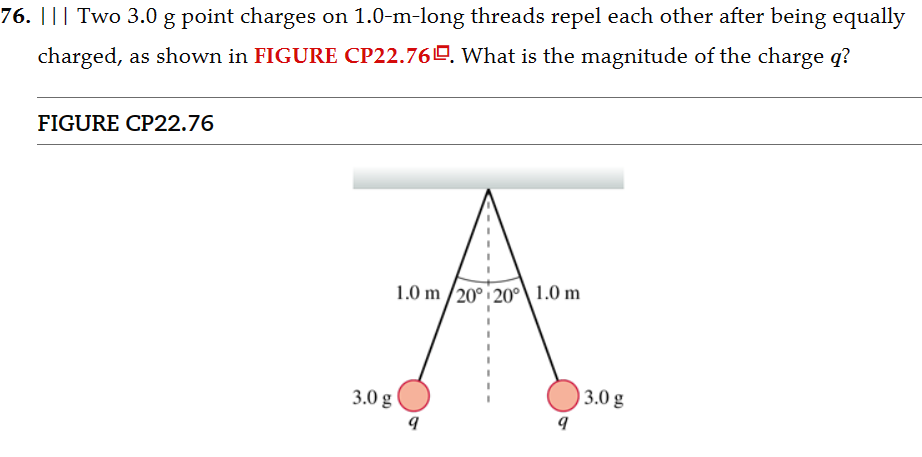 76. ||| Two 3.0 g point charges on 1.0-m-long threads repel each