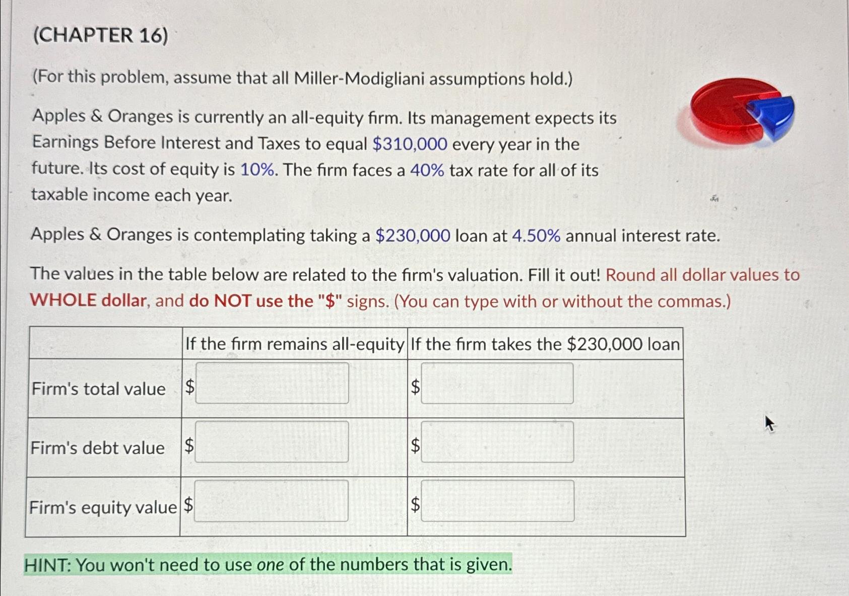 (CHAPTER 16) (For this problem, assume that all Miller-Modigliani assumptions hold.) Apples