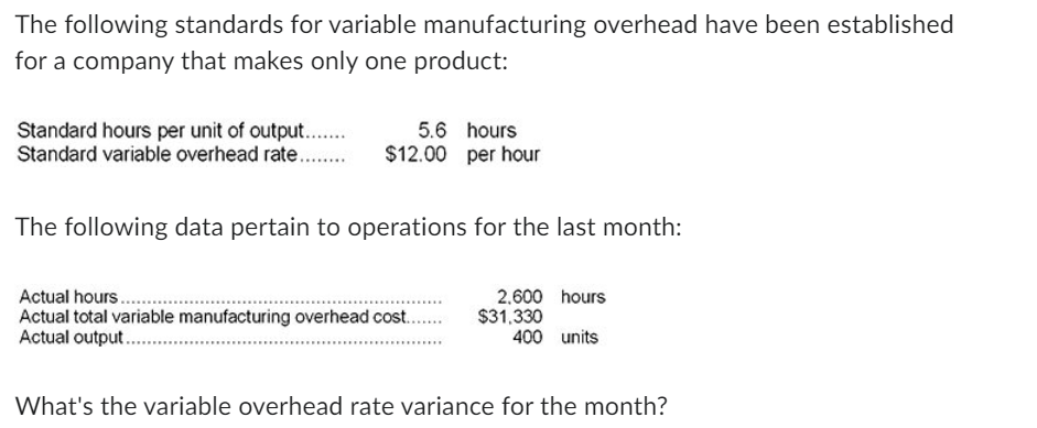 The following standards for variable manufacturing overhead have been established for a