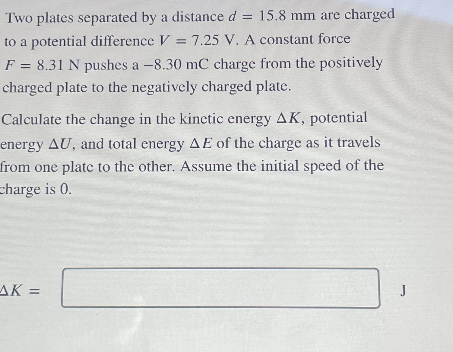 Two plates separated by a distance d = 15.8 mm are charged