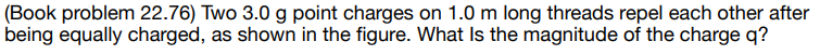 (Book problem 22.76) Two 3.0 g point charges on 1.0 m long