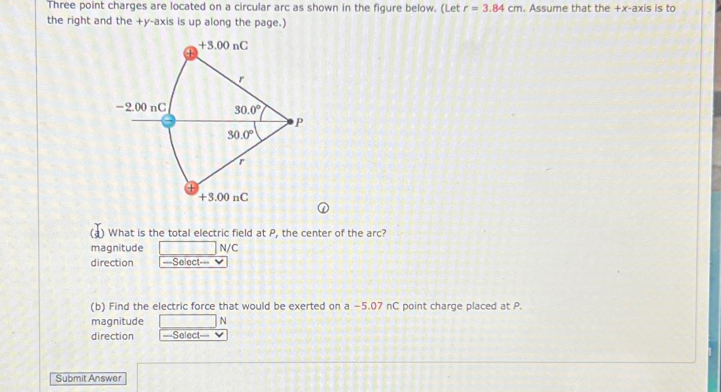 Three point charges are located on a circular arc as shown in