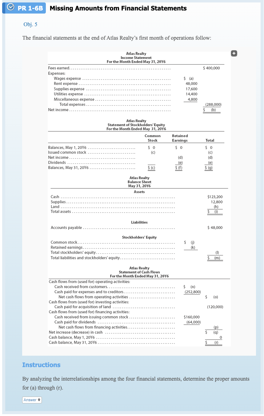 PR 1-6B Missing Amounts from Financial Statements Obj. 5 The financial statements