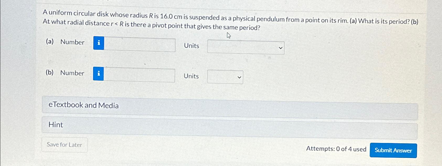 A uniform circular disk whose radius R is 16.0 cm is suspended
