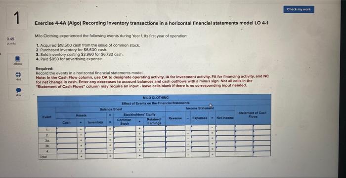 0.49 points Het As Exercise 4-4A (Algo) Recording inventory transactions in a