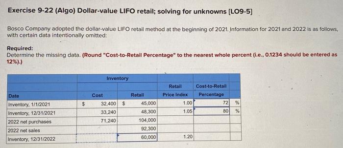 Exercise 9-22 (Algo) Dollar-value LIFO retail; solving for unknowns [LO9-5] Bosco Company