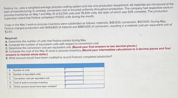Fedora, Inc, uses a weighted-average process-costing system and has one production department.