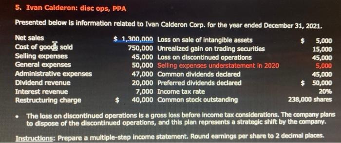 5. Ivan Calderon: disc ops, PPA Presented below is information related to