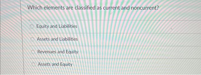 Which elements are classified as current and noncurrent? Equity and Liabilities Assets